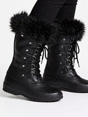 Sorel Black Joan of Arctic Luxe fur trim tall lace-up winter snow Boots Size 8